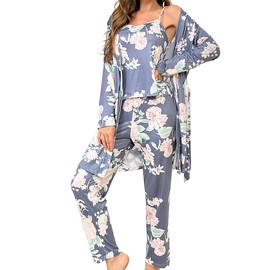 Cormfywear Women‘s Flower Pyjamas Set Longe Sleeve Robe Nightwear Set Casual Loungewear Long Pants for Ladies 3 Pcs #A Gray Large