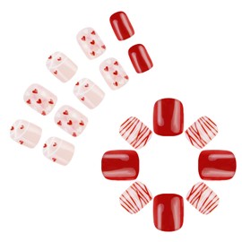 Valentine's Day Press on Nails Square Short Fake Nails Pink False Nails With Red Heart Line Designs Glossy Full Cover Stick on Nails Acrylic Love Heart Press On Nails DIY Manicure for Women 24Pcs
