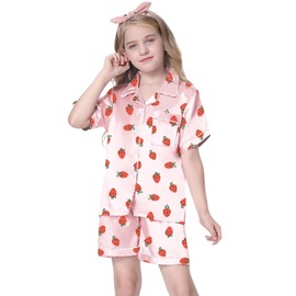 Schbbbta Silk Pajamas Set for Girls Satin Button Down Sleepwear Loungewear Gifts for Kids, Pink Strawberry, 9-10 Years