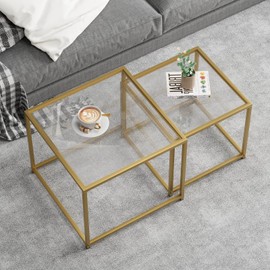 Adompacat Glass Coffee Table Gold,Nesting Tables Set of 2, Minimalist Coffee Side End Tables for Small Spaces, Sofa Side Tea Coffee Table with Metal Frame for Home, Office, Space-Saving
