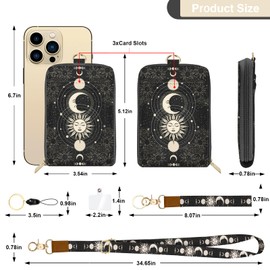 LAOTANGJIA PU Leather Lanyard Wallet with ID Badge Holder with 1 Zip Pocket and 3 Card Slots Keychain Phone Lanyard Wrist Strap, RFID Blocking, for Office School Business-Sun and Moon