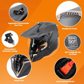 OUMURS Adult ATV Dirt Bike Helmet with Gloves & Mask Adjustable Sun Visor Motorcycle Adult Helmet Off-Road Motocross Downhill MX for Unisex-Adult - 806 Matte Black, M
