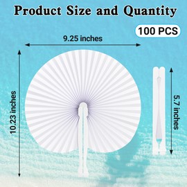 Helimoto 100 Pcs Paper Fans, White Round Folding Hand Fan of Plastic Handle, Hand Portable Paper Fan of Summer Paper Fan, White Fan for Wedding Birthday Party Favors and Home Decoration
