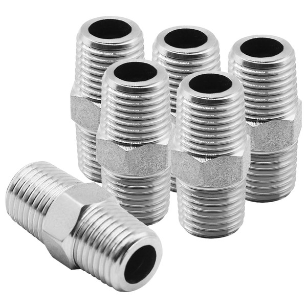 Uenede 6PCS 1/4 Inch NPT 304 Stainless Steel Hex Nipple