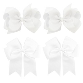 4 PCS 6 Inch Big Hair Bow Clips For Girls,Bow Clip with Tails Hair Bows Alligator Clips (White)