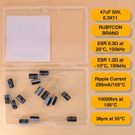 47uF 50V 6.3x11mm Rubycon Electrolytic Capacitor Low ESR 0.3Ω Long Life 36yrs at 55 Degree C mfd mircofarad Micro Farad Radial Lead Aluminum Capacitors (Pack of 15)