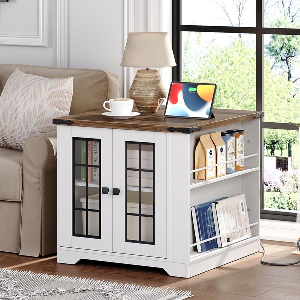 HOOBRO Farmhouse End Table with Charging Station, 23.6" Large End