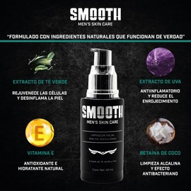 SMOOTH Limpiador Facial Para Hombres Limpieza Profunda Sin irritar, Elimina Impurezas, Toxinas, Puntos Negros y Exceso de Grasa | Extracto de Té Verde, Betaína de Coco y Vitamina E | Piel suave Fresca y Saludable | 40ml Uso Día y Noche