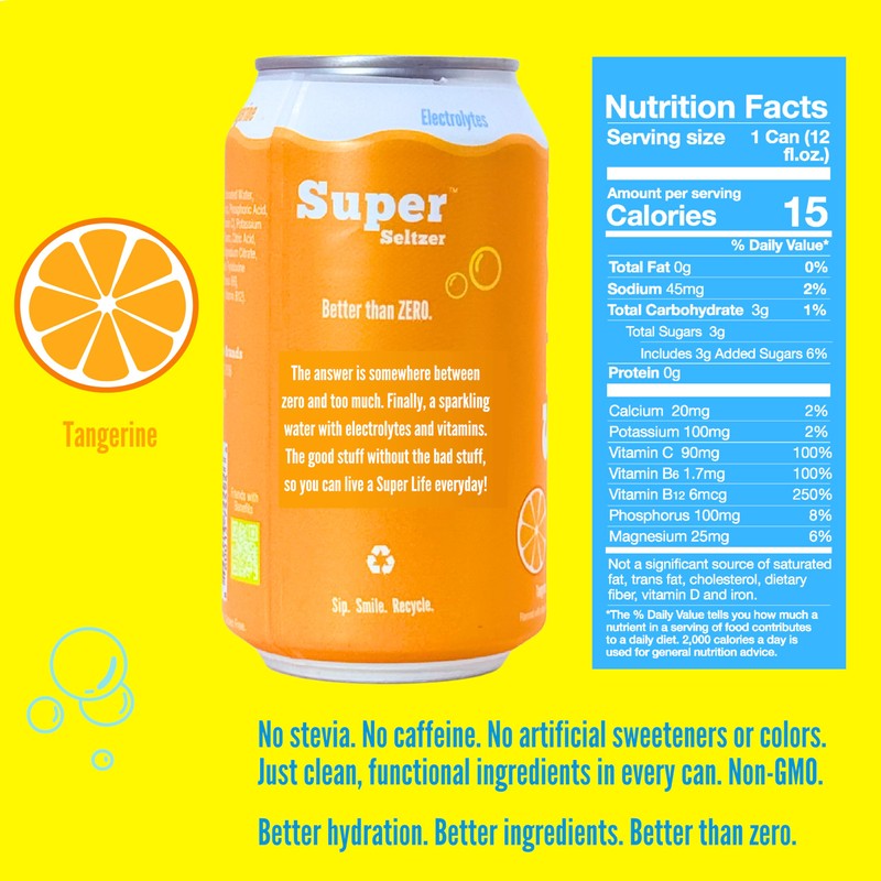 Super Seltzer Sparkling Water with Electrolytes and Vitamins, Tangerine Naturally