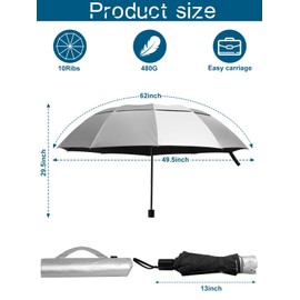 Kalolary - Paraguas de golf extragrande, tamaño grande, compacto, UPF50+, doble toldo, ventilado, resistente al viento, impermeable, para mujeres y hombres (plateado)