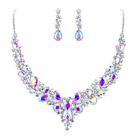 BriLove Wedding Women's Bridal Jewelry Set Austrian Crystal Teardrop Cluster Statement Necklace Dangle Earrings Iridescent AB Silver-Tone