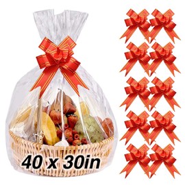 AOBETAK Clear Cellophane Bags For Hampers With Bow, 10PCS Extra Large Size Cellophane Bag Wrap And 10PCS Pull Bows Ribbon For Gifts,Christmas Baskets,Art And Crafts, Doll Garment,40x27in/100x70cm