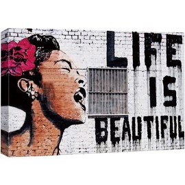 SIGNWIN Framed Canvas Wall Art Banksy Life is Beautiful Billie Holiday Graffiti & Street Art Famous People Pop Art Modern Urban Multicolor for Living Room, Bedroom, Office - 12x18 inches