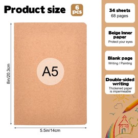 CebraBounze 6 Pack Blank Kraft Notebooks Journals Bulk, 34 sheets / 68 Pages, 5.6x8 inch Doodling Sketchbook Composition Notebook Journals Subject Notebooks Planner for Gifts College Students Office
