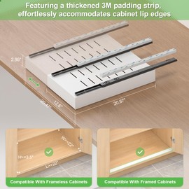Expandable Pull-Out Cabinet Organizer with Slide Out Drawers - 2 Pack 21" Deep Upgrade 3 Slide Rails No Drill Adhesive Installation Roll-Out Shelf for Kitchen Base Storage Adjust Width 12"-20" (White)