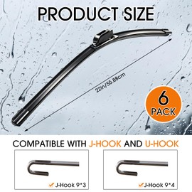 BBTO 6 Pack 22 Inch Wiper Blades 2-In-1 Windshield Wipers Silicone Water Repellency Wiper Blade All Season Durable Automotive Replacement Front Blades for Car Windshield Universal U/J Hook Quality