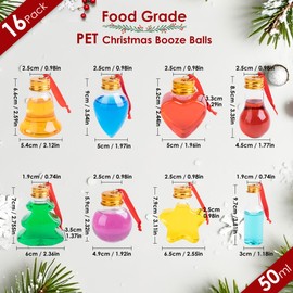 Viva Terry Christmas Booze Balls Set - Fillable Clear Plastic Xmas Tree Hanging Shot Glasses Ornaments with Drink, Beverage, Candy - Decor for Christmas Tree, Party, Home, Holidays(Mulyi Shape, 16Pcs)