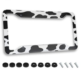 Animal Cow Print License Plate Frame White Black Spot Aluminum Metal Car Cover Tag Holder with 4 Holes and Screws Customized Frames 12 x 6 Inch for US Canada Vehicle Standard Gifts for Women Men
