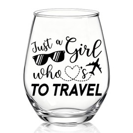 TOUNER Just A Girl Who Loves To Travel Stemless Wine Glass, Funny Airplane Mode Graphic Print Wine Glass Gifts for Women Travel Lover Adventure Seeker, Vacation Wanderlust Gifts for Girl Traveler