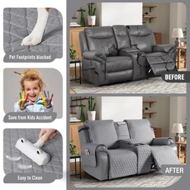 TAOCOCO 100% Waterproof Loveseat Recliner Cover with Console, Non-Slip Washable Reclining Couch Cover for 2 Seats, Furniture Protector for Dogs, Light Gray