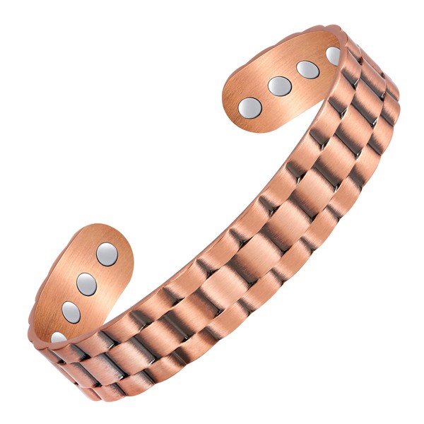 Jecanori Copper Magnetic Bracelets for Men, Classic Block Pattern Solid Copper Brazaletes with 12pcs Ultra Strong Magnets,Adjustable Size Cuff Bangle with Jewelry Gift Box