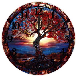 Silent Wall Clock Silent Non-Ticking Large Numbers Battery Operated Tree of Life Stained Glass Spiritual Gifts Inspired Wood Clocks Retro Wooden Wall Decor for New Home Office Porch 15 Inch