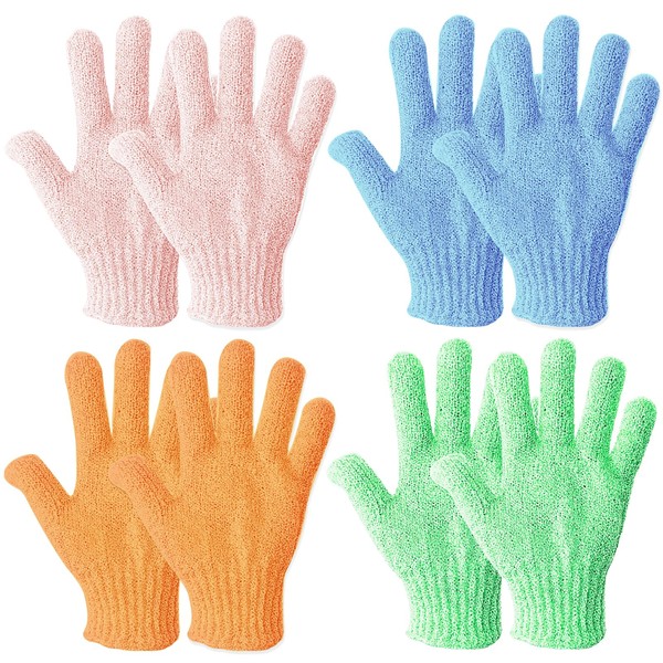 KMZ 8 PCS Exfoliating Gloves Bath and Body Exfoliator Mitts Dead Skin Remover Shower Body Scrub Gloves for Shower, Spa, Massage, Dead Skin Cell Remov (Green, Blue, Pink, Orange)