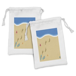 Lunarable Footprints in the Sand Fabric Pouch Set of 2, Vacation Related Flip Flops Stars and Barefoot Prints, Small Drawstring Bag for Toiletries Masks and Favors, 9" x 6", Pastel Brown and Sea Blue