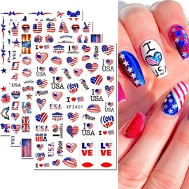 8Sheets 4th of July Nail Art Stickers Decals Red Blue White American Flag 3D Self-Adhesive Nail Decals Flame Butterfly Heart Designs Independence Day Nail Decorations DIY Nail Supplies for Women Kids