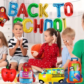 BELSITA Back to School Balloons Cartoon Balloons Decoration Set,Colorful Letter Foil Balloons Schoolbag Bus Star House Balloons Cute Balloons Accessories for First Day of School Party Decor 17pcs