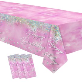 HIPVVILD Pink Birthday Party Decorations Supplies Tablecloth for Girl, Disposable Pink Glitter Diamond Birthday Party Table Decorations Table Covers, 3 Pack, 54in x 108in