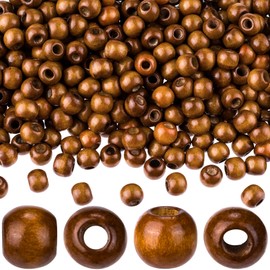 HINZIC 200pcs Medium-Coffee Wooden Beads, 9x10mm Large Hole Macrame Bead, Natural Wood Hair Bead, Round Loose Spacer Beads for Making Handmade Craft Bracelet Necklace