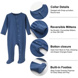 ACESTAR Baby Footed Pajamas with Mittens Cuffs, 2 Pack - Cotton Long Sleeve Baby Snap-Up Footed Sleeper for Sleep and Play (0-3 Months, Ocean Blue&Anmy Green)
