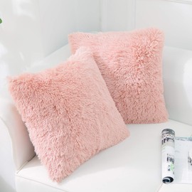 NordECO HOME Pack of 2 Faux Fur Cushion Covers 40 x 40 cm Luxury Fluffy Decorative Fuzzy Square Throw Pillow Case 16 x 16 for Sofa Decor Pink