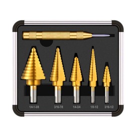 5PCS Titanium Step Drill Bit Set with 1 Automatic Center Punch, High Speed Steel Drill Bit Set, for Sheet Metal Drilling, Double Cutting Blades Design, Aluminum Case