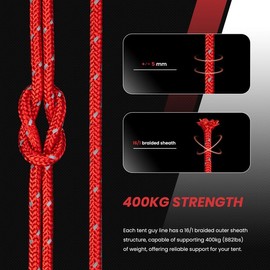 Abma Cord Tent Guy Ropes 5mm 30M Guy Line 6 Pcs Guy Rope Tensioners Heavy Duty Guide Rope for Camping, Gazebos, Awning, Tarp - Reflective Red