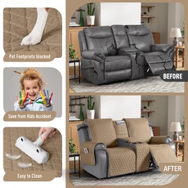 TAOCOCO 100% Waterproof Loveseat Recliner Cover with Console, Non-Slip Washable Reclining Couch Cover for 2 Seats, Furniture Protector for Dogs, Camel