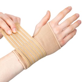 Actesso Elastic Wrist Support With Strap - Ideal for Sprains, Injury or Tendonitis with no metal bar - Support without inhibiting flexibility | Left or Right (Beige, S (Pack of 1))