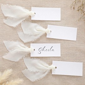 Humyoun 50 Pcs Name Place Cards for Table Setting Blank Wedding Place Cards with Chiffon Ribbon 1.57 x 3.54 Inch Hanging Gift Tags for Wedding Dinner Banquet Party Table Setting Supplies(Ivory)