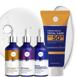 MIST JEWEL - Kit Facial Completo Protector Solar FPS50 + 3 Sérums (Vitamina C, Ácido Hialurónico, Retinol) | Rutina Antiedad, Antimanchas...
