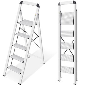 KINGRACK Aluminium 5 Step Ladder, Lightweight Step Stool with Non-Skid Pedals, Handrail, Foldable Step Ladder for Kitchen, Garage, Home, Space Saving, Sturdy and Portable, Silver