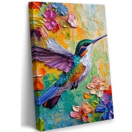 Colorful Painting Hummingbird Canvas Wall Art, Spring Flower Wall Decor, Hummingbird Picture for Wall Living Room Bathroom Bedroom Home Decoration 12*18 in (Stretched Canvas on A Wooden Frame)