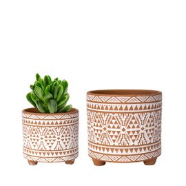 Set of 2 Planter Pots, 4 Inch & 6 Inch, Totem Design Ceramic Plants Pot with Drainage Hole, Terracotta/White