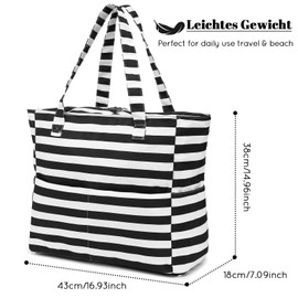 LEDAOU Large Beach Bag with Zip Women's Waterproof Shoulder Bag Tote Bag Shopper Sandproof with Zip Pool Fitness Travel Bag Family, Black and white stripes, 17.5 x 15.7 x 8 Zoll, Contemporary