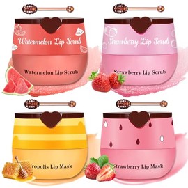 4PCS Lip Scrub and Mask Set,Strawberry and Honey Pot Lip Balm | Repair and Moisturizer Lips Care Set,Reduces Lip Lines,Strawberry and Watermelon Lip Exfoliator Scrub,Lip Mask Overnight