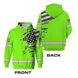 HiVis Custom Safety Hoodie Scratch Green Neon USA Flag Reflective High Visibility Hoodie for Men, Runners, Walkers, Truckers, Operators, Patriotic-3XL
