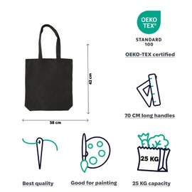 SCANDBAGS Large Fabric Bag, 220 g, High-Quality Cotton Bag with Long Handles, for Printing and Painting, Cotton Bag, Unprinted, Jute Bag, 38 x 42 x 10 cm, Pack of 2, black