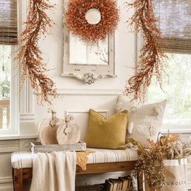 Quixem 60 Inch Fall Berry Garland (5 Ft), Rustic Sunset Orange and Dark Blue Pip Berry Garland for Mantel, Thanksgiving & Harvest Holiday Home Decor Indoor Outdoor