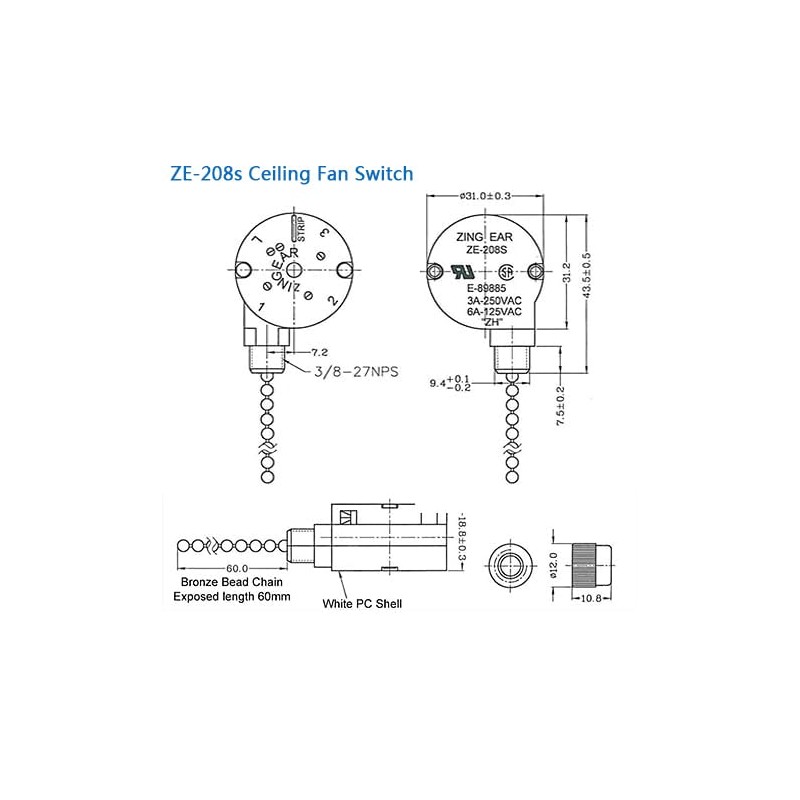Akahttbn ZE-208S Ceiling Fan Switch zing Ear e89885 Pull Chain