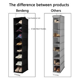 Berdeng Hanging Shoe Organizer for Closet with Side Mesh Pockets，Hat Racks for Baseball Caps，Shoe and Hat Holder & Storage，8-Shelf，Black，2 Pack